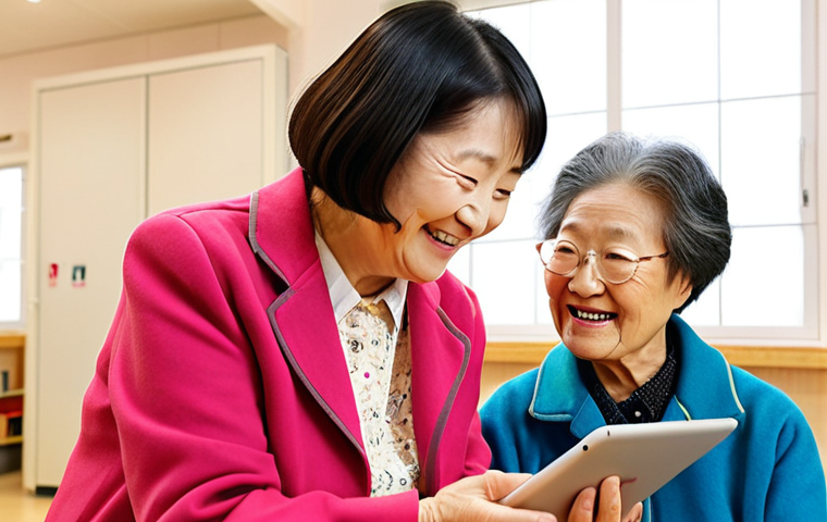 **

A smiling 평생교육사 (lifelong learning instructor) is helping an elderly woman learn how to use a tablet in a bright, modern community center.  The scene includes other seniors engaged in digital learning. Soft, warm lighting with a focus on the intergenerational connection.  Style:  Warm, inviting, and slightly kawaii (cute).

**